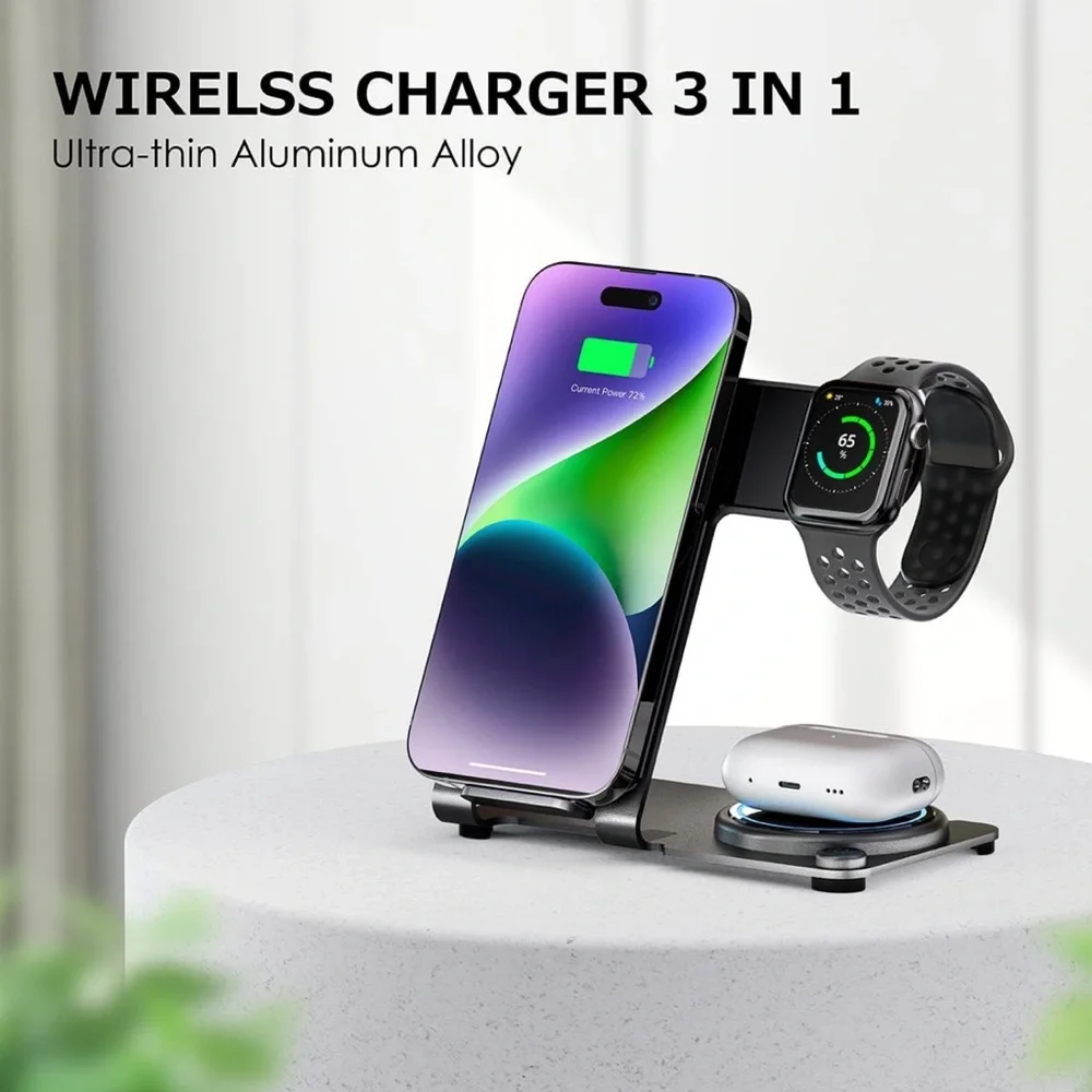 3 in 1 Wireless Charging Station for Multiple Devices, Aluminum Alloy -Black